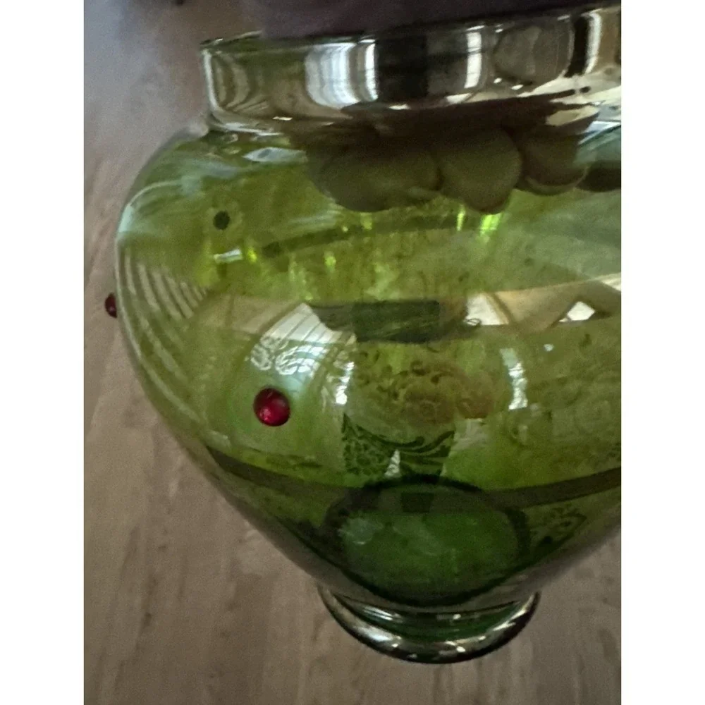 Antique Bohemian Green Glass Vase Gold‎ Gilt & Red Cabochon Jeweled Art Glass 8
